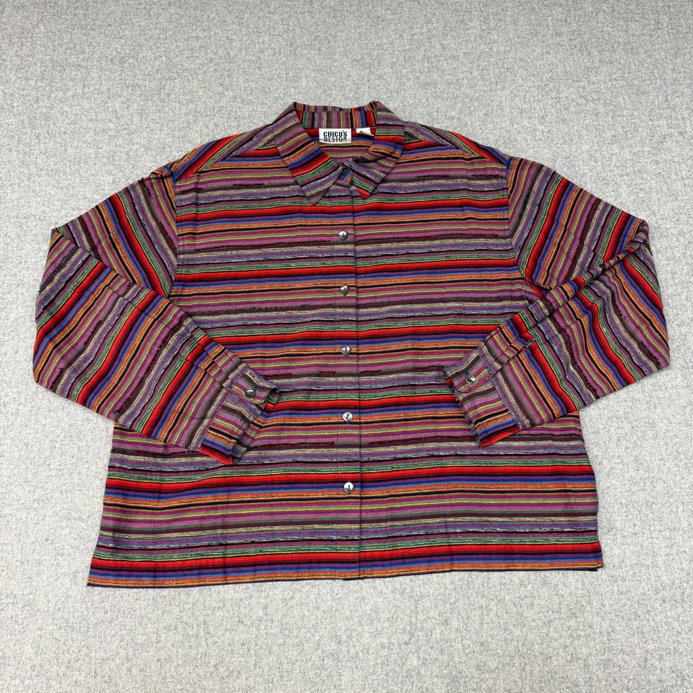 Chico's Design Silk Beaded Striped Button Down Shirt Size 2 Multicolor Bohemian